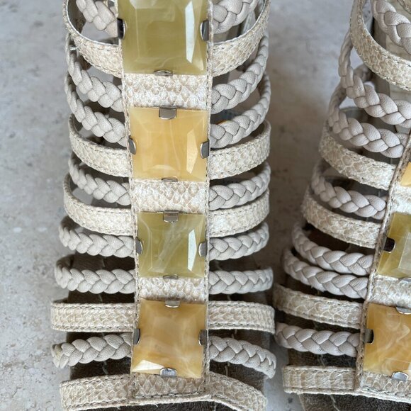 Apostrophe Faux Snakeskin Tan Strappy Bejeweled High Heel Open Toe Sandals, 8.5 - Picture 8 of 10